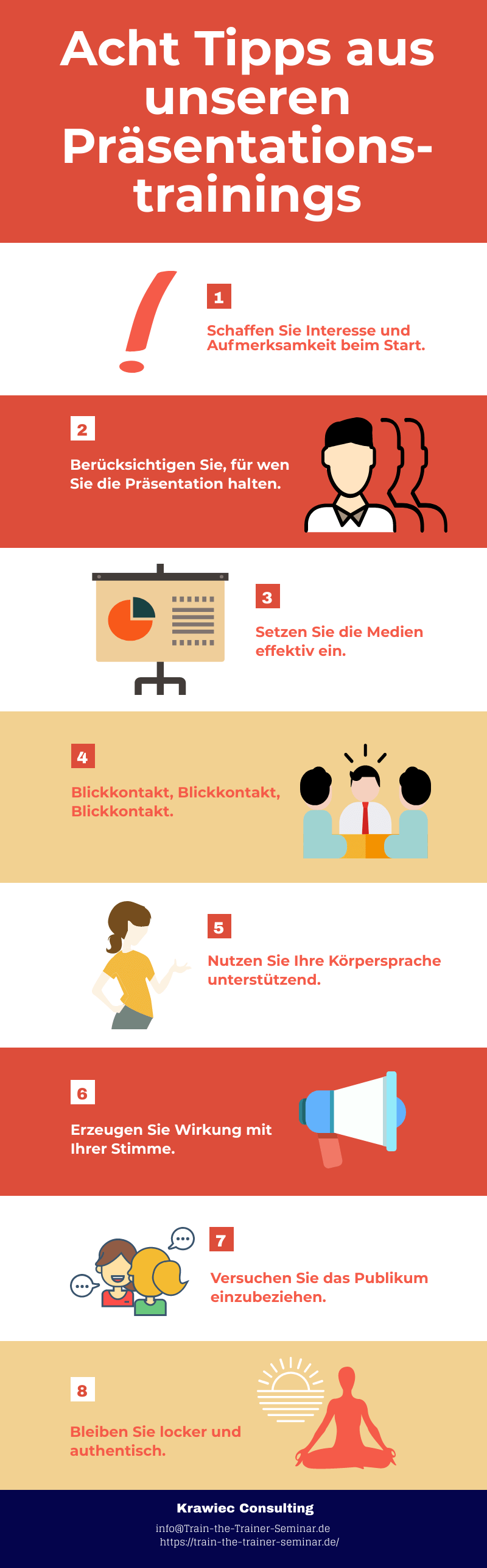 Acht Tipps aus unseren Präsentationstrainings mit Piktogrammen unterstützt.