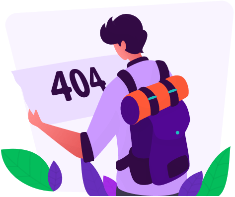 404-Fehlerseite: Illustration einer Person mit Rucksack, die ein Schild mit der Aufschrift „404“ betrachtet – Seite nicht gefunden.