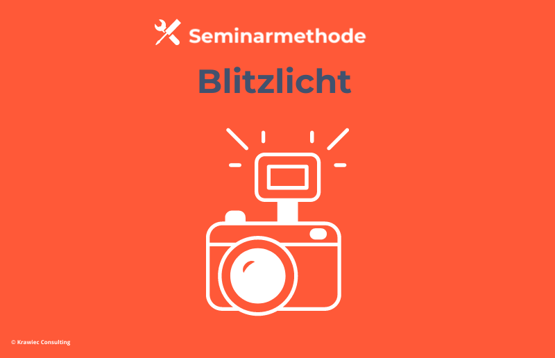 Seminarmethode „Blitzlicht“: Symbolgrafik mit Kamera – kurze Feedback- und Reflexionsrunde zur Aktivierung und Meinungsabfrage im Training.