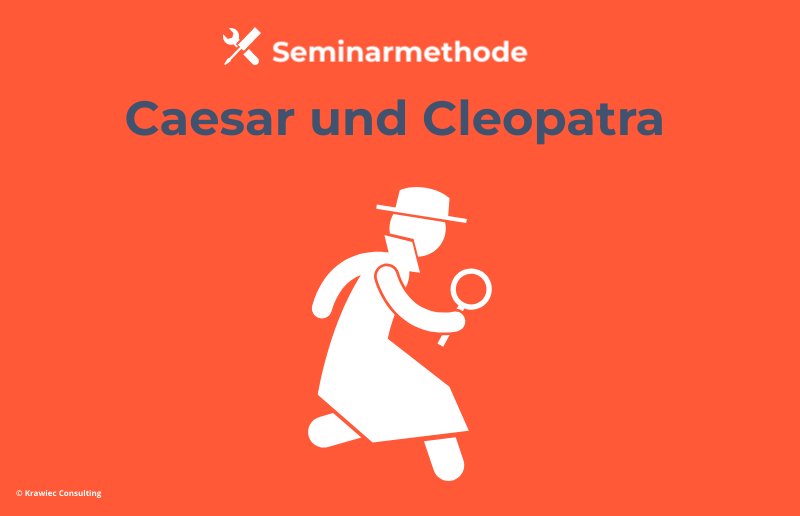 Seminarmethode „Caesar und Cleopatra“: Symbolgrafik mit Detektivfigur – aktivierende Übung zur Beobachtung, Wahrnehmung und Reflexion im Training.