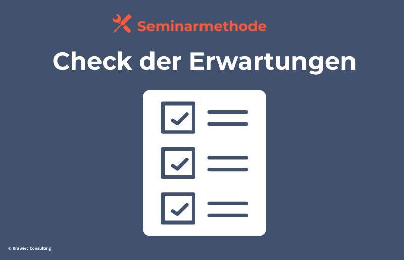 Seminarmethode „Check der Erwartungen“: Symbolgrafik mit Checkliste – Methode zur Klärung und Abfrage von Erwartungen zu Ende eines Trainings.