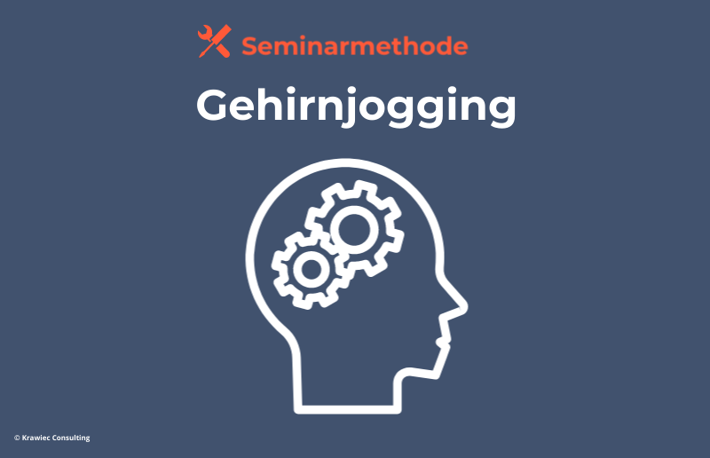 Seminarmethode „Gehirnjogging“: Symbolgrafik mit Kopf und Zahnrädern – Aktivierungsmethode zur Förderung von Konzentration, Denkflexibilität und mentaler Wachheit im Training.
