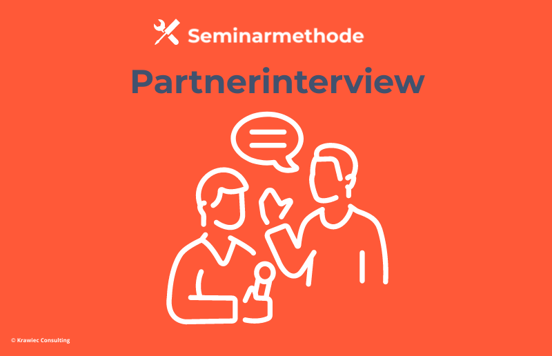 Seminarmethode „Partnerinterview“: Symbolgrafik mit zwei Personen im Gespräch – Methode zum Kennenlernen, Austausch und zur Aktivierung von Teilnehmenden im Training.